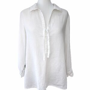 Soft Surroundings 100% Linen White Boho Tunic Tie-Neck Roll-Tab Sleeve Size L